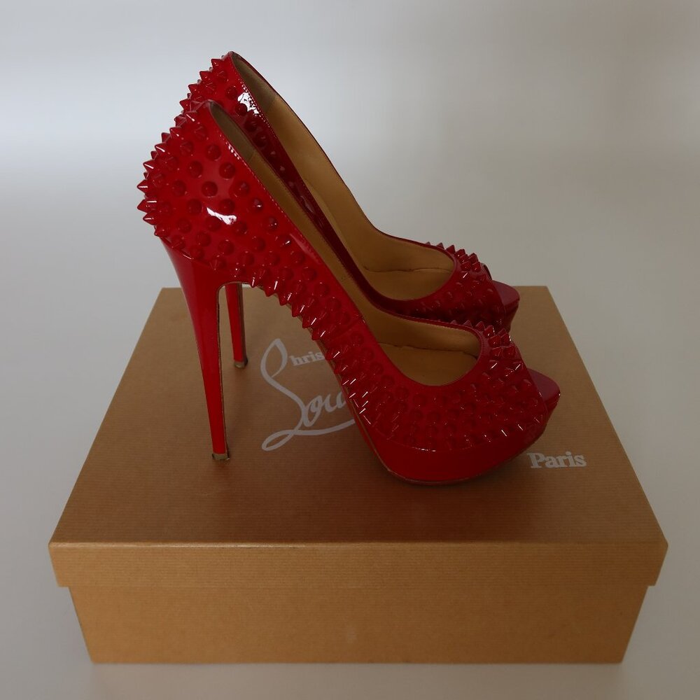 Christian Louboutin Lady Peep Spikes Red Patent Leather 150MM